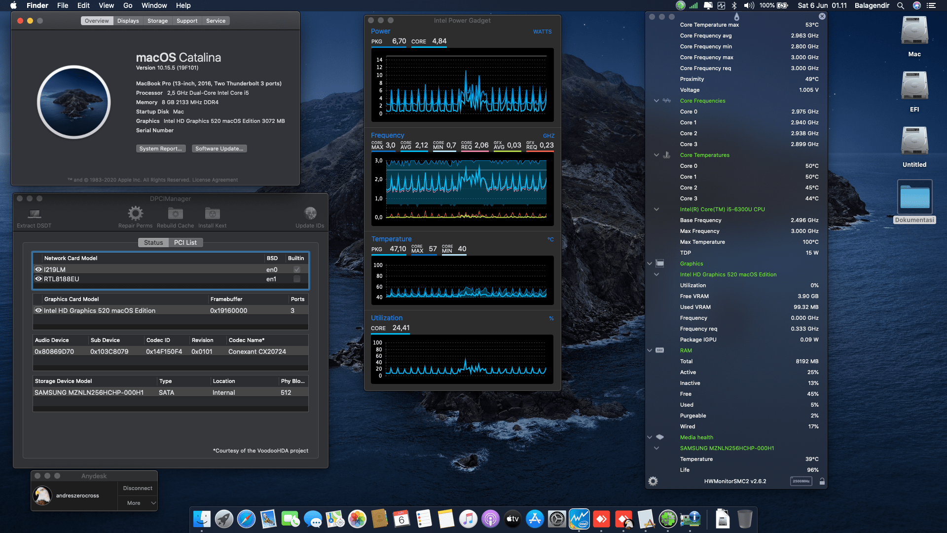 Success Hackintosh macOS Catalina 10.15.5 Build 19F96 in HP Elitebook 840 G3